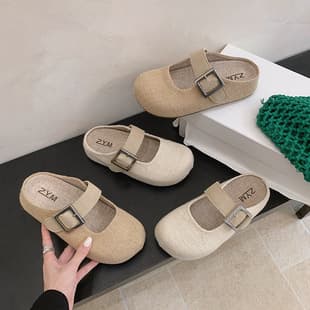 2026 Summer New Woven Linen Buckle Strap Mary Jane Shoes for Women, Thick Sole Birkenstock Closed-Toe Slippers Trendy