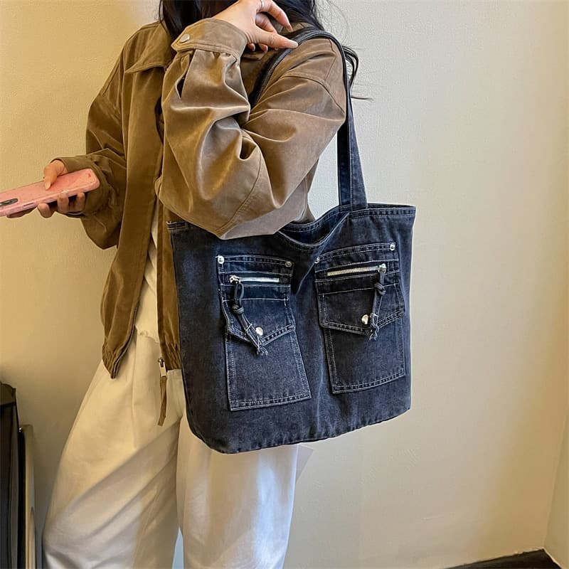 Retro washed denim tote bag for women large capacity double pocket shoulder bag commuter canvas bag cross-border supply support