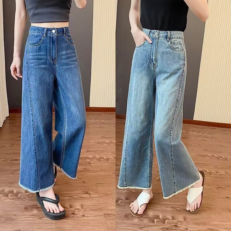 New Plus Size Pear-Shaped Spring Autumn 9-Point Wide-Leg Pants for Petite Loose Straight Jeans for Women Heavy Set