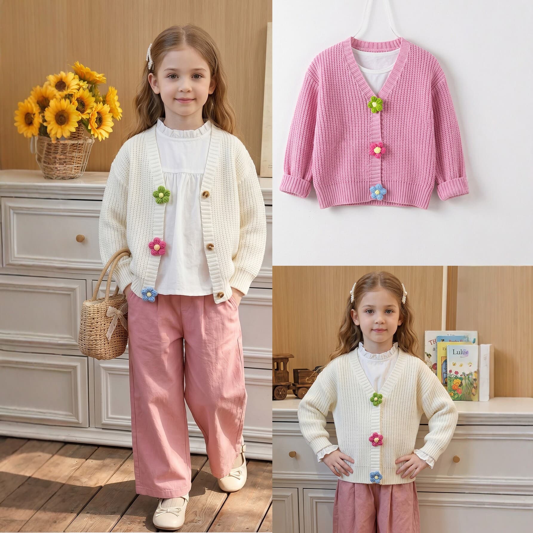Girls' V-neck knitted cardigan floral sweater coat children's solid color sweater cross-border European and American temperament college style women