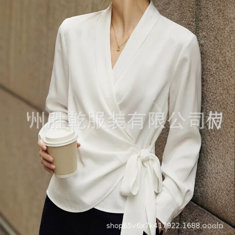 New Cross-Border Fashion Women's V-Neck Tie-Waist Solid Color Slimming Elegant Blouse
