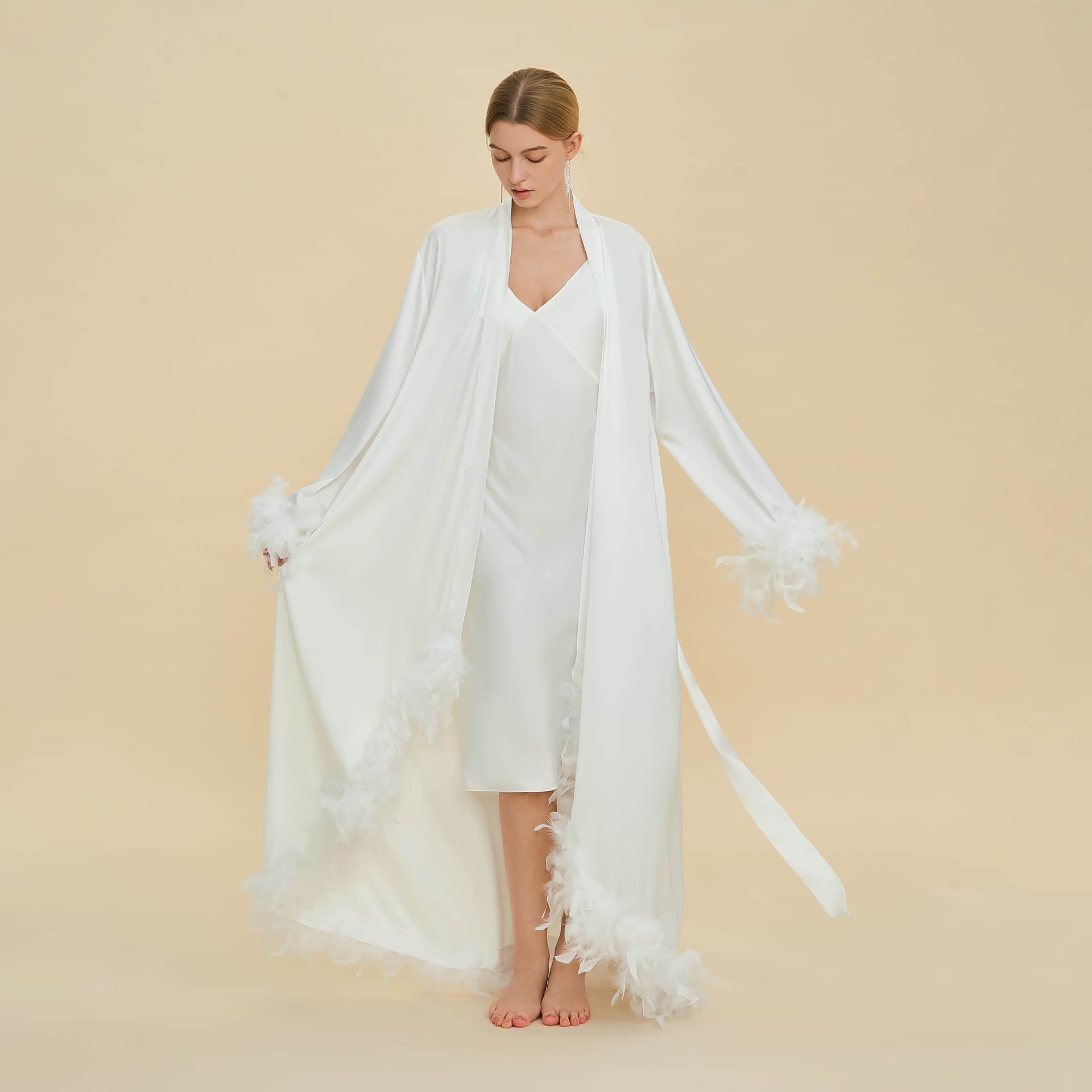 Amazon Pajama Set Women's Bathrobe Feather-Tail Luxury Long Morning Robe Spring and Autumn Women's Nightgown