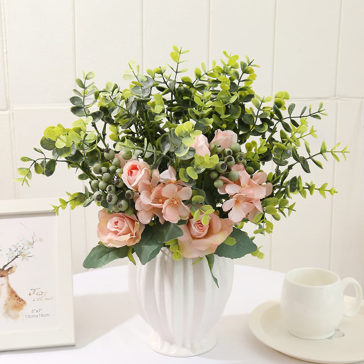 Eucalyptus bouquet, rose bouquet, artificial flower, decorative flower, wedding living room desktop, high-end light luxury