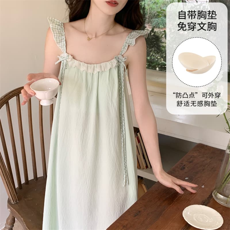 Summer Women's Nightgown with Built-in Pads, Cloud Cotton, Green Plaid Lace Trim, Camisole Dress, Cute and Fresh Loungewear