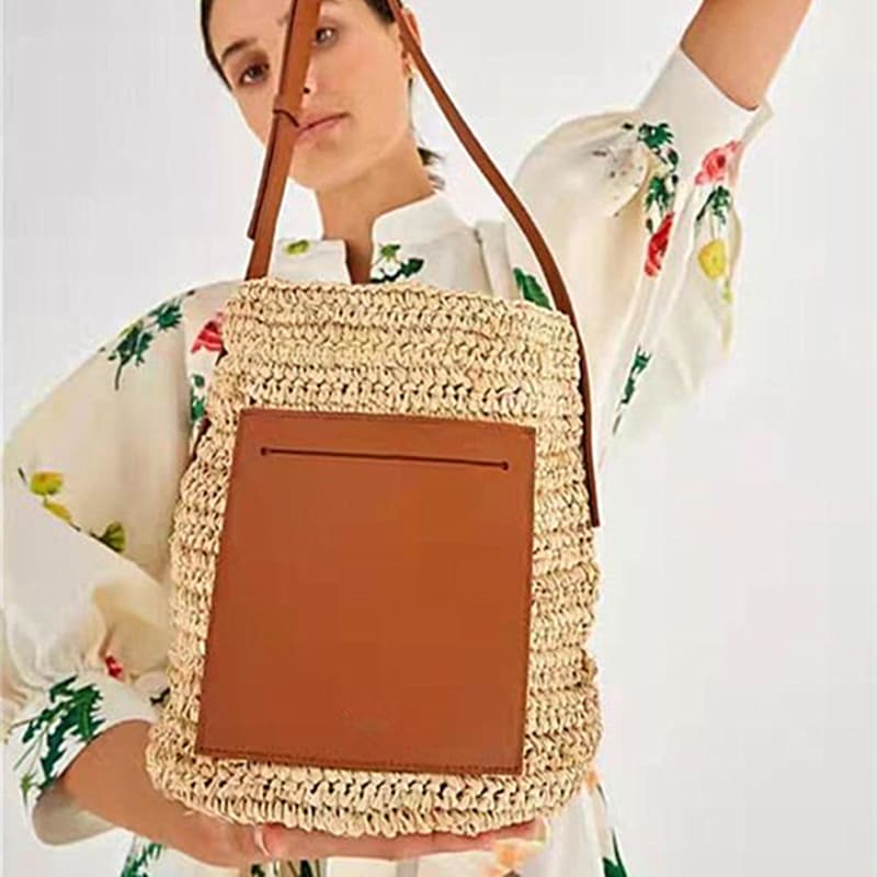 Sheng Hao Craft Single Shoulder Straw Woven Leather Bucket Bag Crochet Knitted Drawstring Handbag
