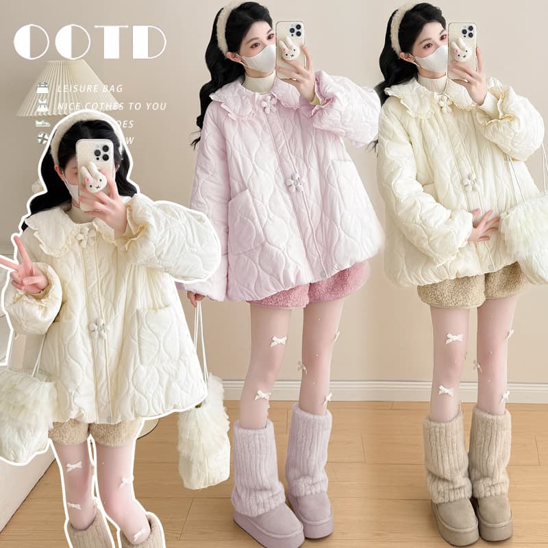 In Stock Maternity Wear Winter New Style Cotton Jacket Coat, Loose Belly-Covering Fashion Youthful Peter Pan Collar Maternity Cotton Jacket