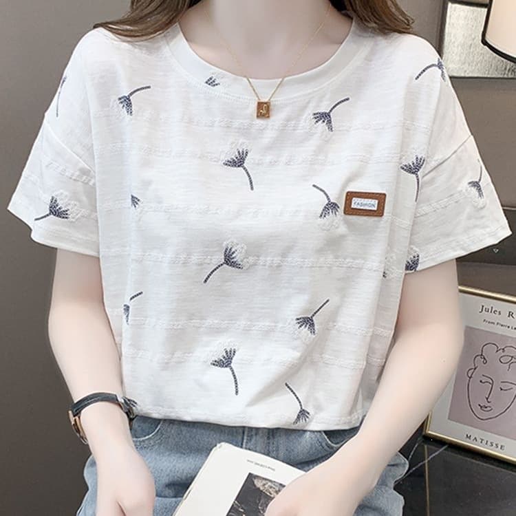 Summer Pure Cotton Foam-Printed Women's T-Shirt Short-Sleeved New Korean Style Middle-Aged Mom Summer Top Versatile T-Shirt