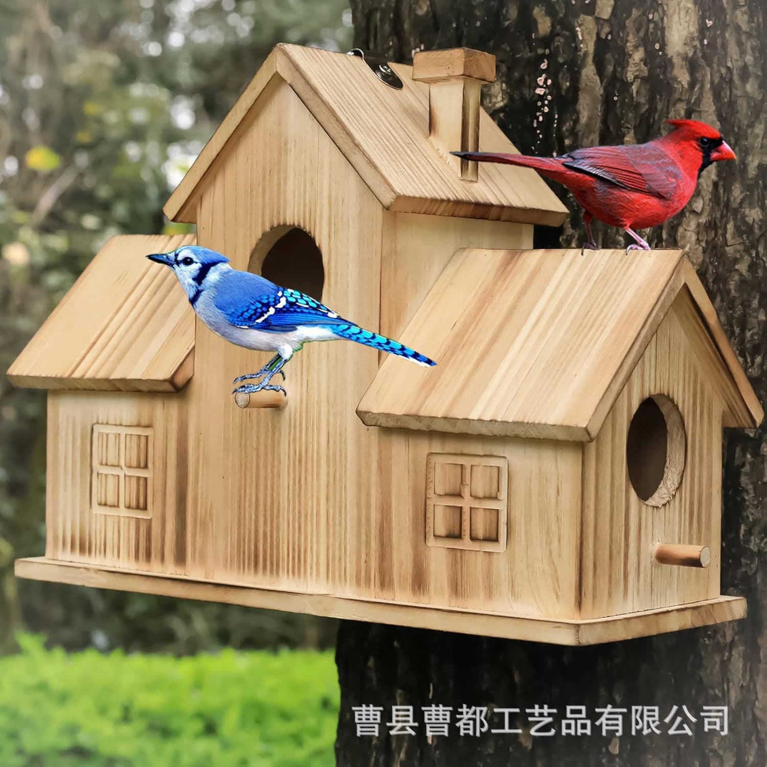 Outdoor Solid Wood Bird Nest Hanging Bird Breeding Nest Garden Landscaping Bird House Tree-Mounted 3-Hole Wooden Bird Nest