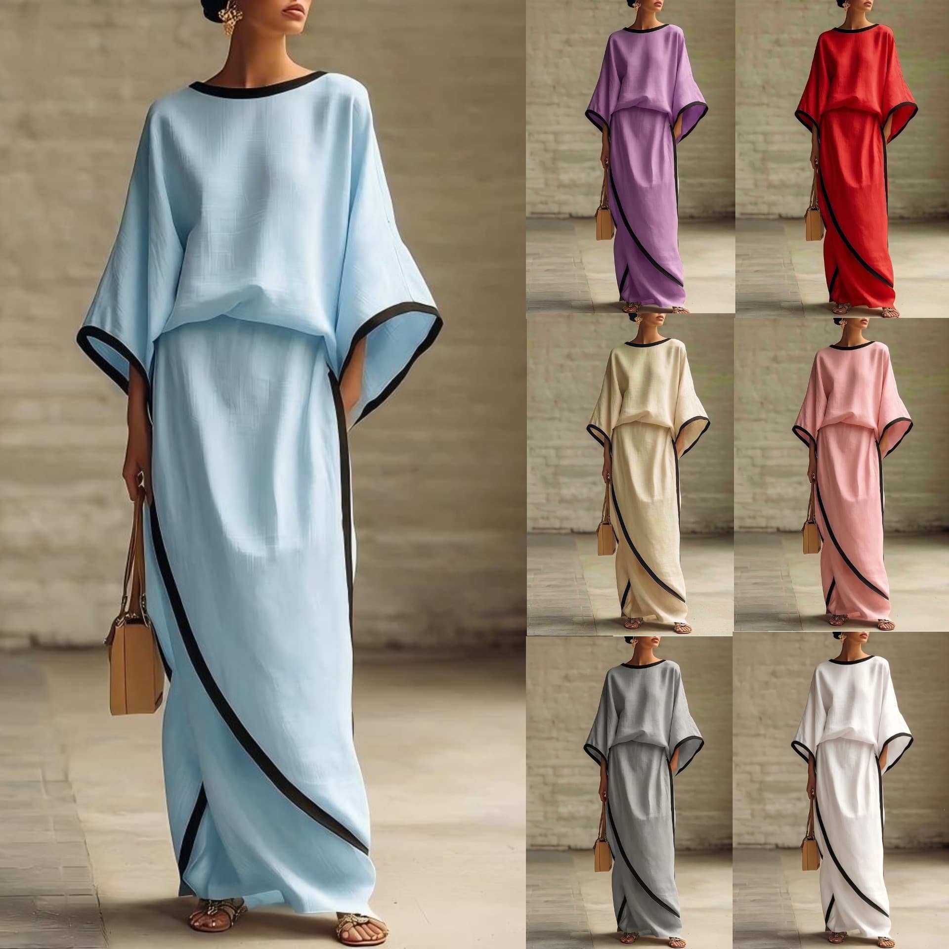 EU-US Fashion Loose Set for Women 2026 New Solid Color Summer Batwing Sleeve Long Tunic Two-Piece Set Elegant Casual Style