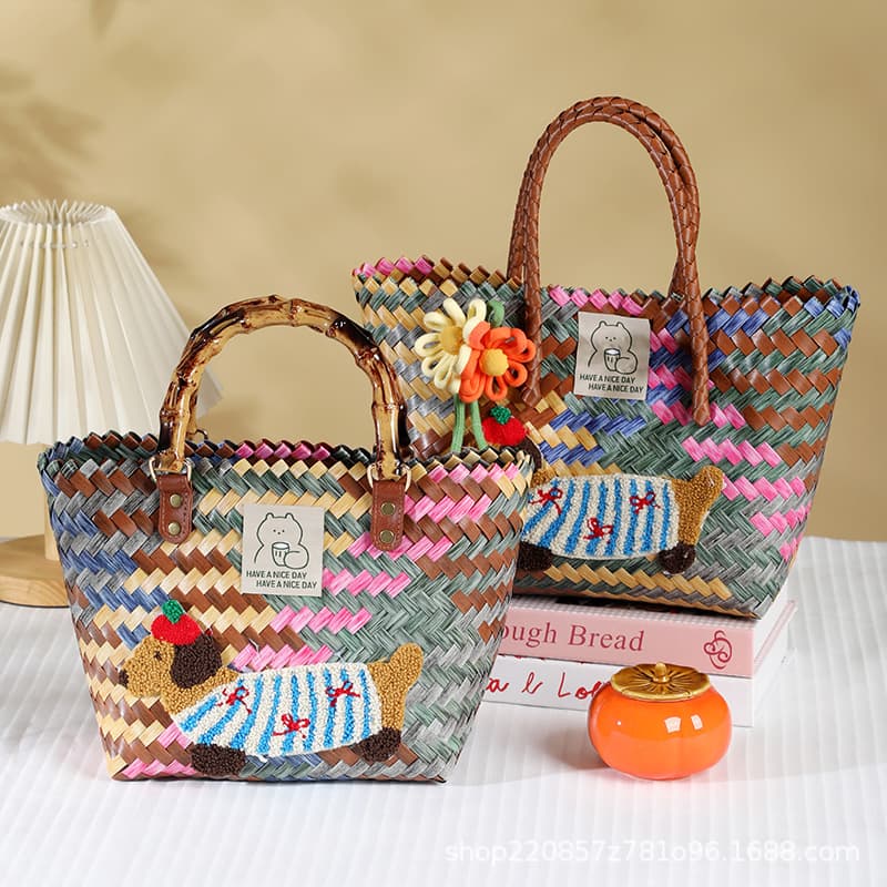 Colorful Woven Baskets for Corporate Events, Housewarming Souvenirs, Full Moon & Birthday Gift Boxes, Imitation Rattan Beach Market Baskets, Dachshund Bags