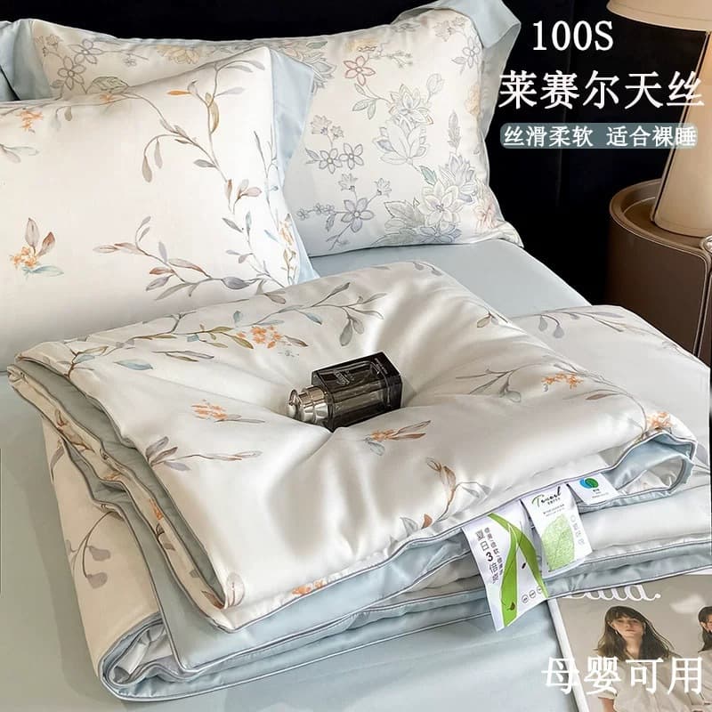Premium 100-Count Tencel Summer Quilt Lyocell Summer Bedding Set Air Conditioning Quilt Silky Ice Silk Cool Feeling Thin Blanket 4