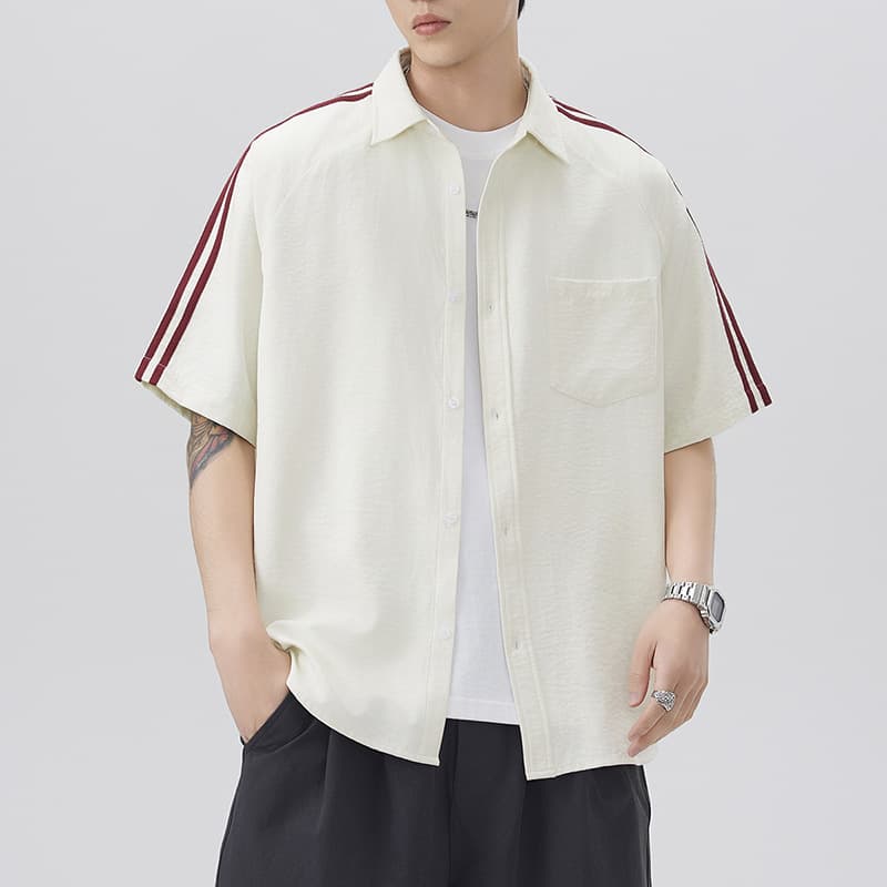 2025 summer new style lapel three-stripe shirt trendy American youth casual short-sleeved shirt one piece shop