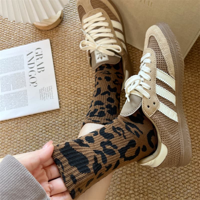 Women's Autumn/Winter Mid-Calf Socks, Brown Leopard Print Stacking Socks, Gray Long Socks, Sports Trendy Socks for Women, Pair with German Training Shoes