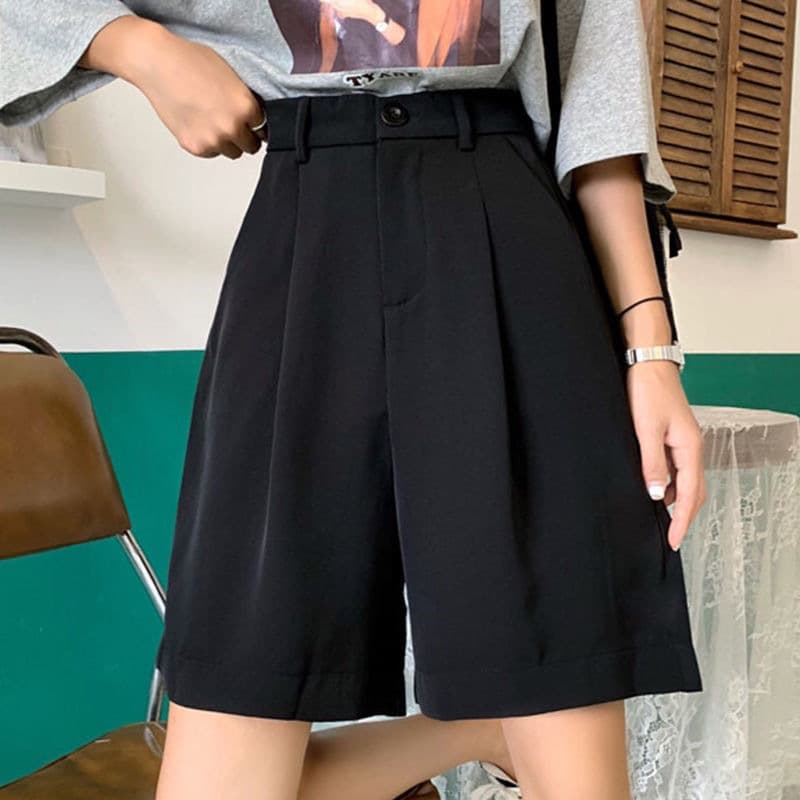 Black High-Waisted Straight-Leg Suit Women's Loose-Fit Slimming Mid-Waist 2024 Korean Style Casual Wide-Leg Shorts Trendy