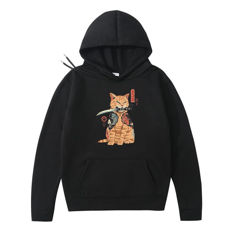 Cross-border European and American Street Japanese Style Personalized Samurai Cat Print Men's and Women's Hooded Pullover Fleece-Lined Sports Jacket