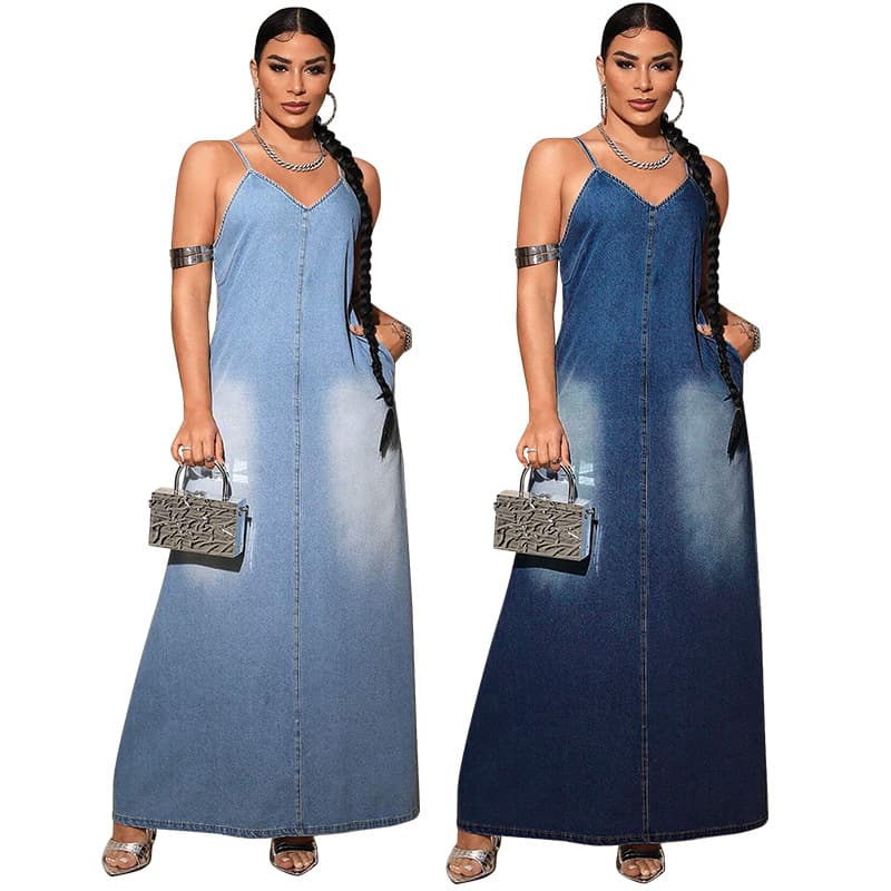 218529 Cross-border Plus Size Women's New Denim Suspender Long Dress Source Factory Direct Sales