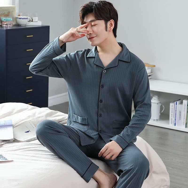 Men's Pajamas Spring Autumn Long Sleeve Cardigan New Style Youth Men Simple Casual Homewear Cardigan Set