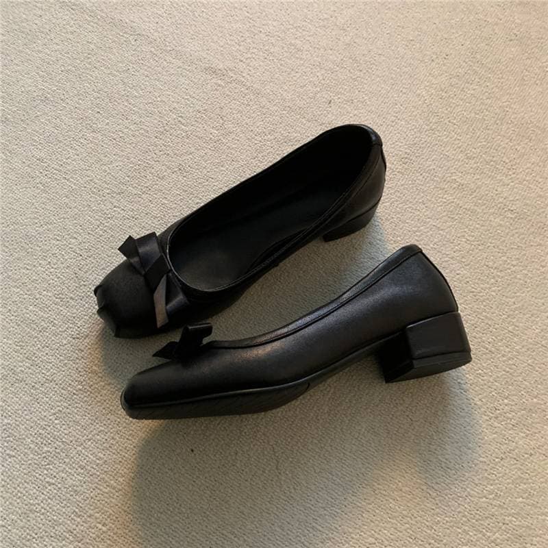 Sheepskin Edition~ French Bow Chunky Heel Ballet Flats for Women, Slip-on Shallow Work Pumps with Elegant High Heel