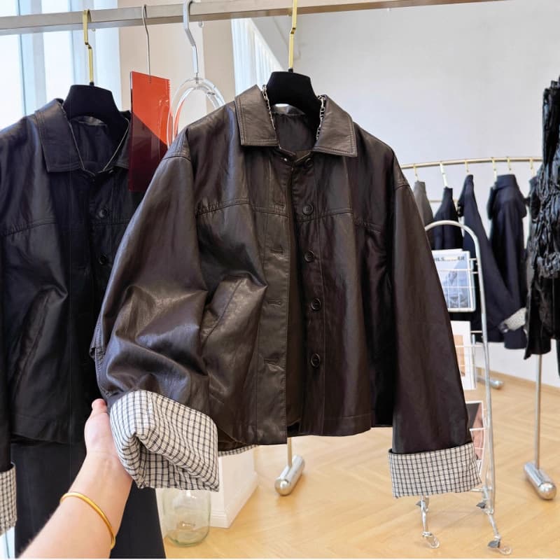 Korean PU Leather Jacket for Women Cardigan 2025 Fall New Style Loose Plaid Blazer Top Women A7575