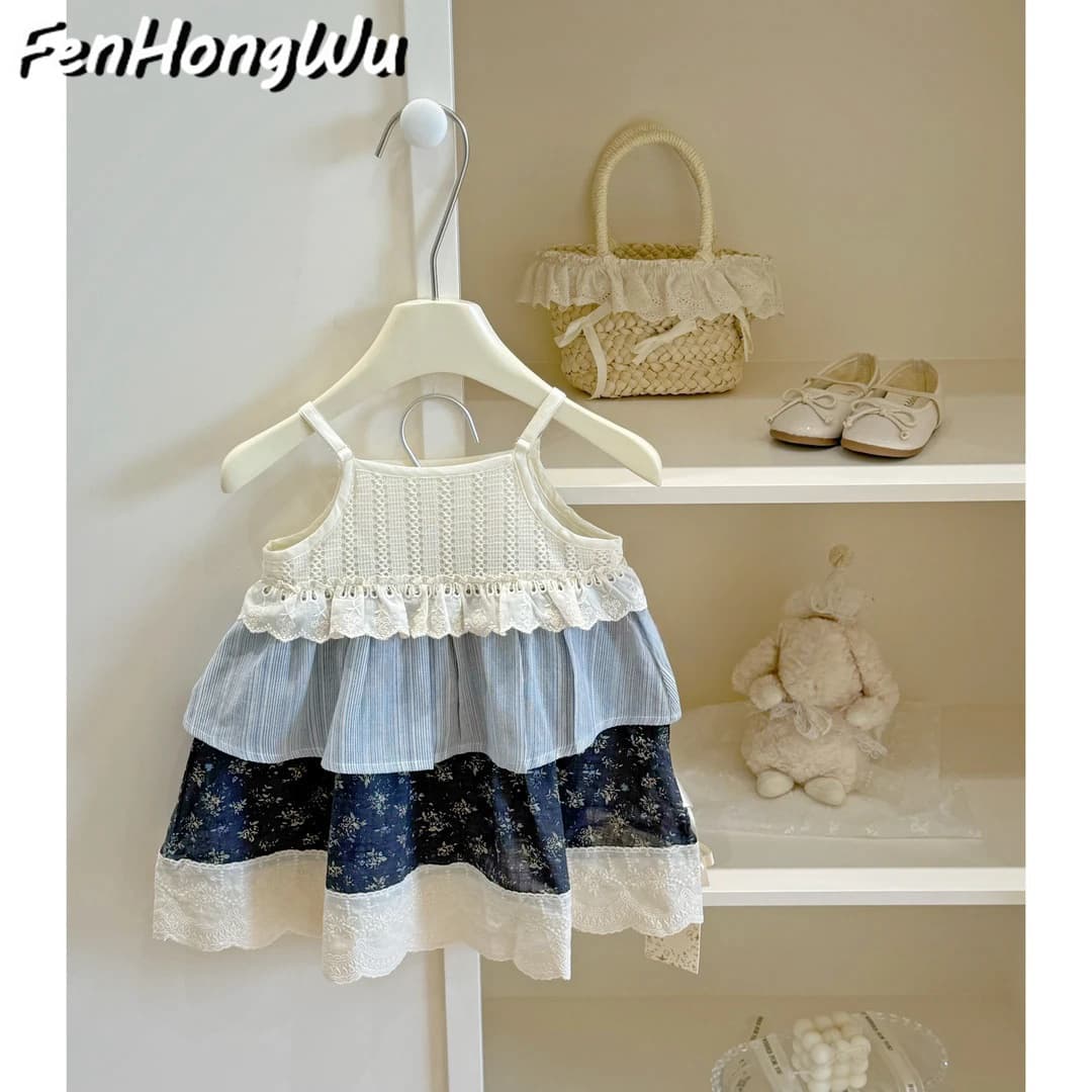 Xian Ning Qi baby children's clothing girls summer style floral suspender splicing summer new princess dress trendy