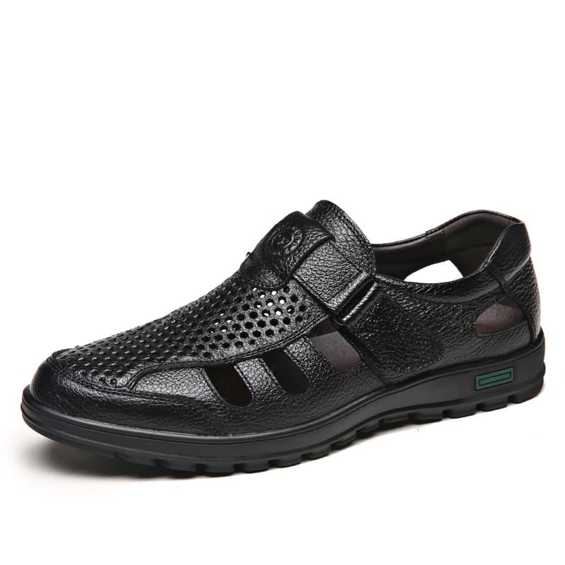 Men's Genuine Leather Sandals New Summer Breathable Casual Large Size Soft Sole Hollow Dress Shoes for Middle-aged and Elderly Fathers