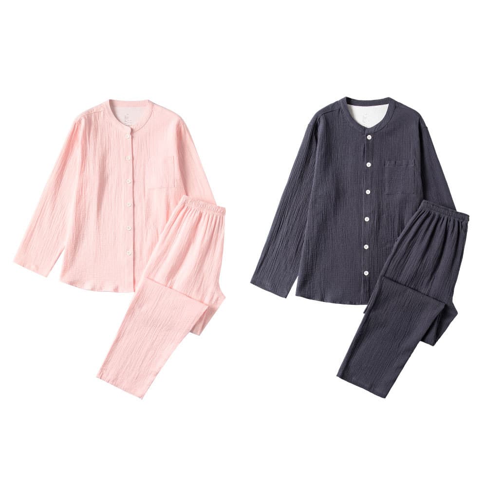 Cotton double-layer crepe pajamas, stand-up collar, solid color, unprinted, spring and summer new couple's quality home wear