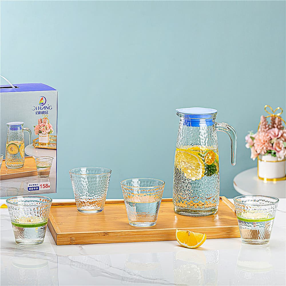 Household glass cold water pitcher, slim waist water set, five-piece transparent cold water pitcher set, European style drinking utensils gift.