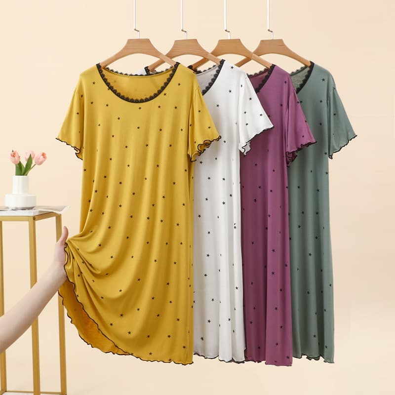 Summer Modal Thin Round Neck Short Sleeve Home Dress Women's New Loose Casual Fashion Sweet Lace Nightgown