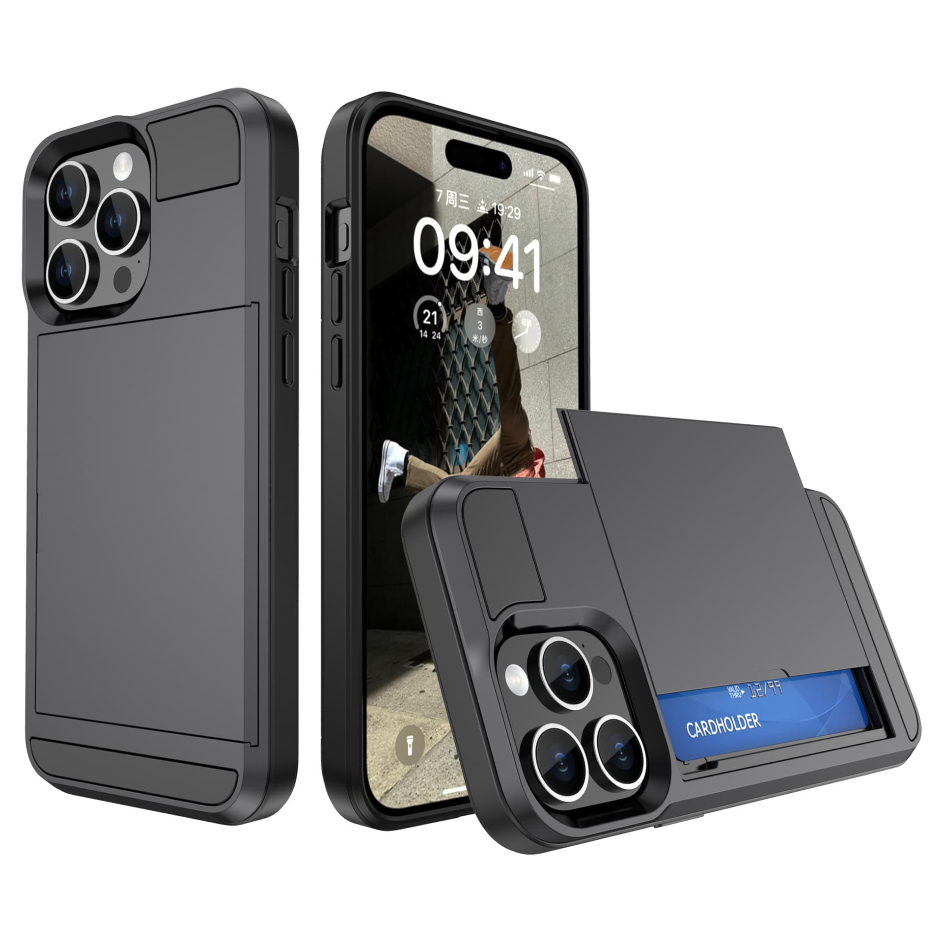 New Slider Card Slot Phone Case for iPhone 15 Pro Max, Apple 15 Plus Push-Card Slide Protective Cover