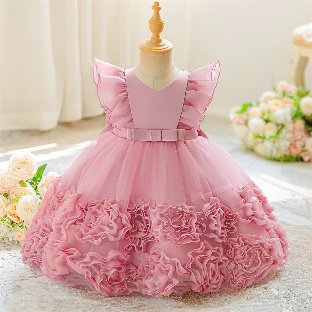 Cross-border Baby and Young Children Princess Dress Small Flying Sleeve Lace Pontoon Dress Wedding Flower Child Dress Baby One-year-old Wash Dress