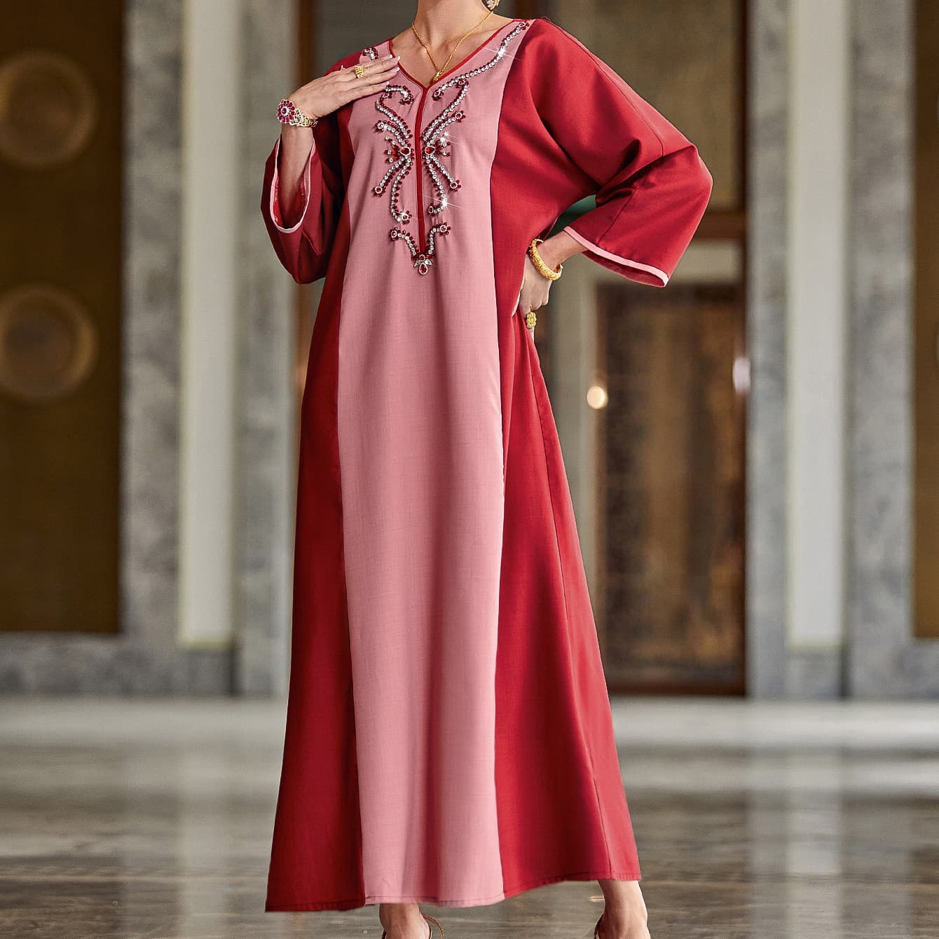 4049 Pink Contrast Color V-Neck Handmade Color Diamond Long Dress 9 Minutes Wide Sleeves Loose Drape Banquet Straight Dress