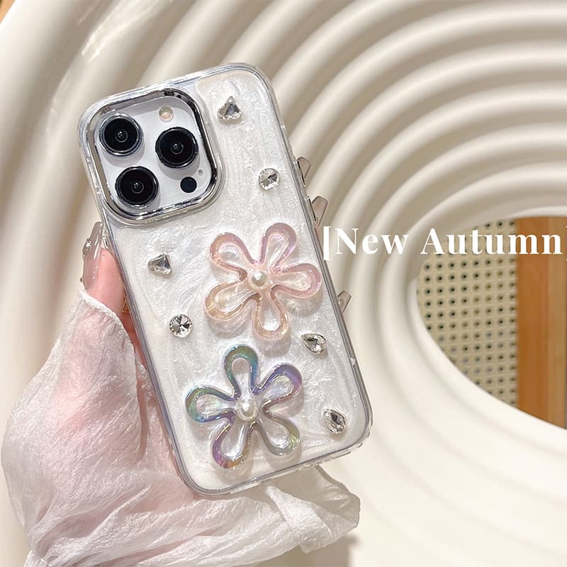 Rhinestone Flower Pearl Phone Case Compatible with iPhone 16 Pro Max, Apple 17, Women's Model 15 Anti-Drop Cover, Model 14 for Women