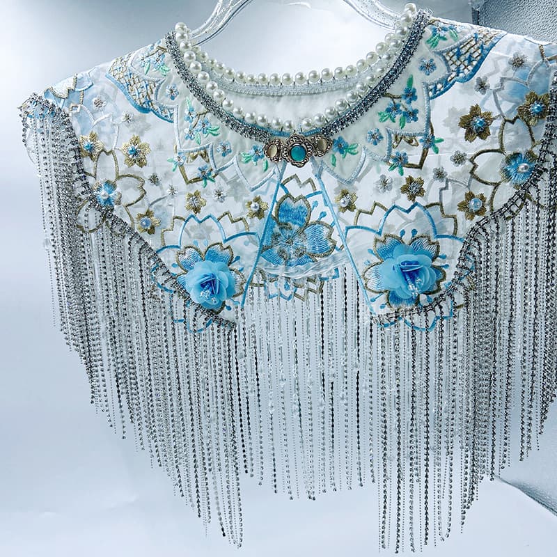 Heavy Work Ancient Style Cloud Collar Exquisite Diamond Strip Tassel Pearl Academic Robe Shawl Blue Luxurious Horse-face Skirt Detachable Collar Scarf