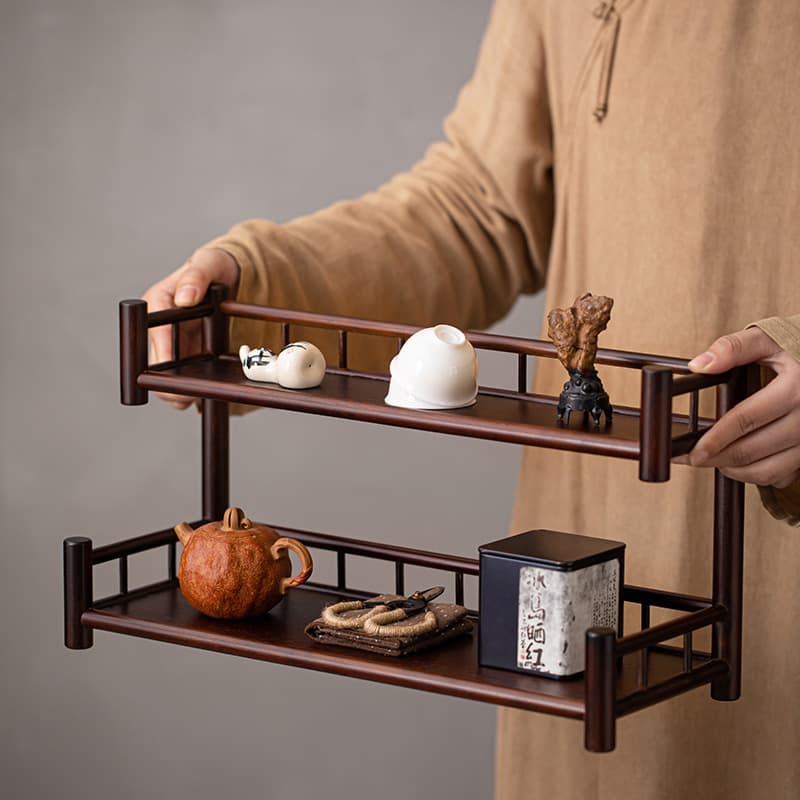 Desktop antique-style small solid wood display shelf for multi-layer tea set organization and showcase