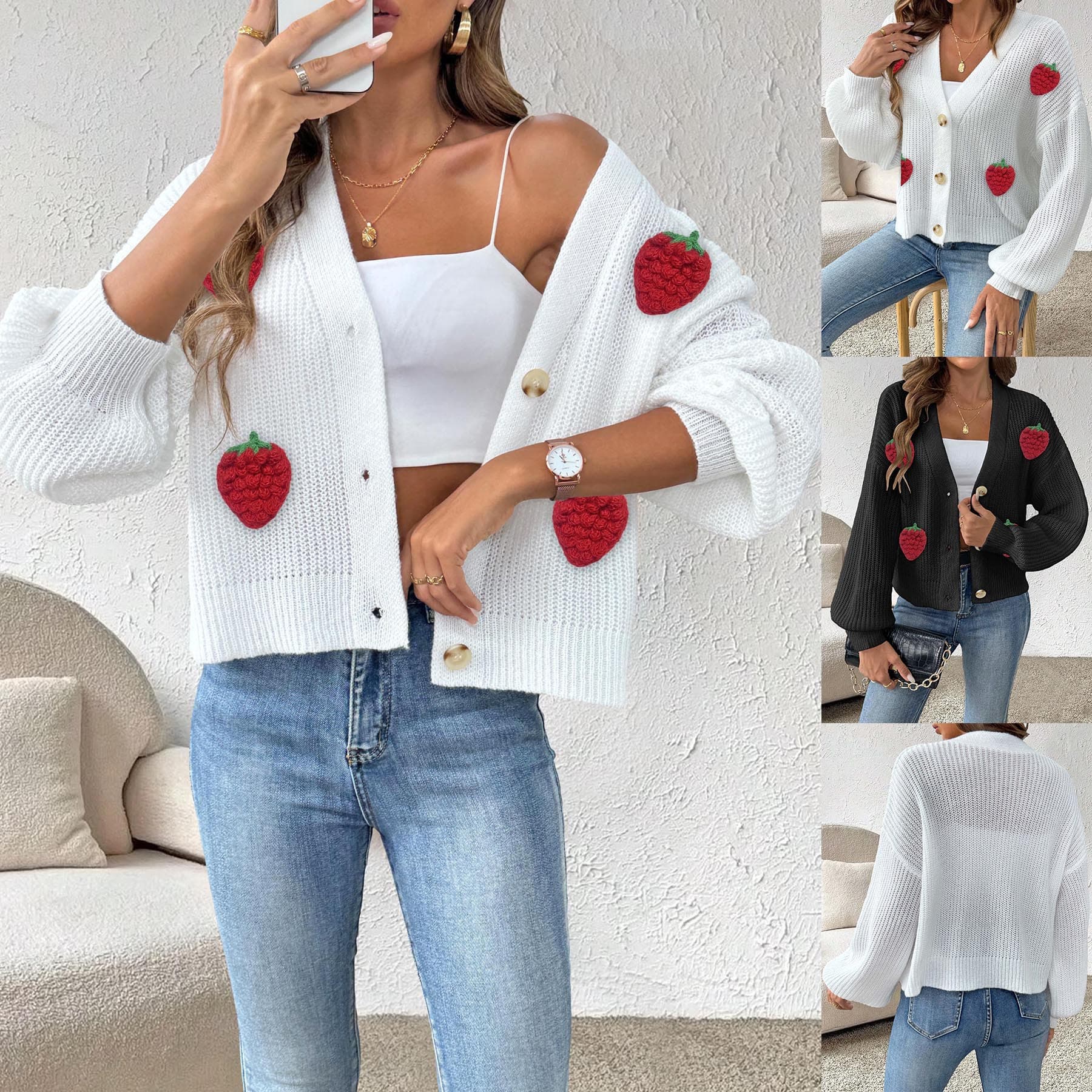 Cross-border European and American Women's Autumn/Winter New Knitted 3D Strawberry Patchwork Cute Style Cardigan Button Coat