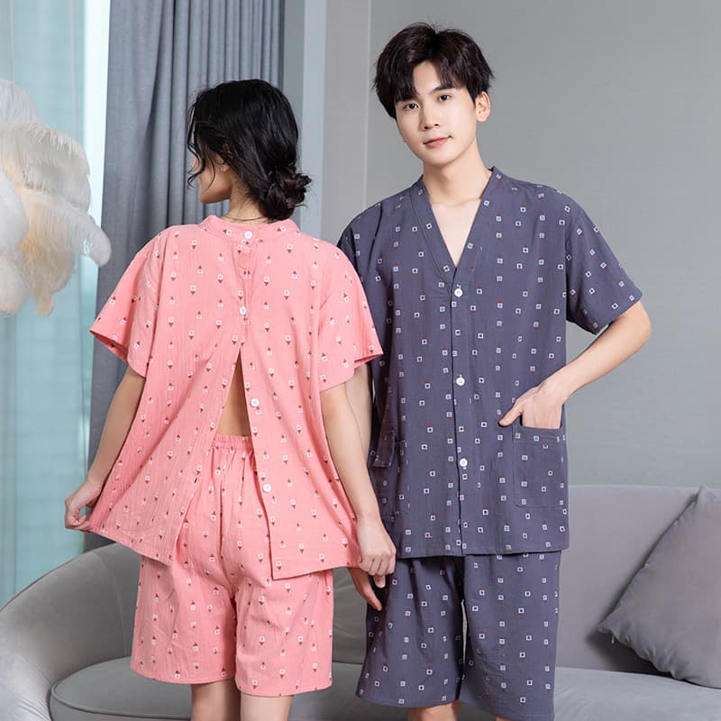 Short Sleeve Cotton Couple Front and Back Button Physiotherapy Suit for Moxibustion, Back Opening Scraping, Acupuncture, Massage Suit Women's Set