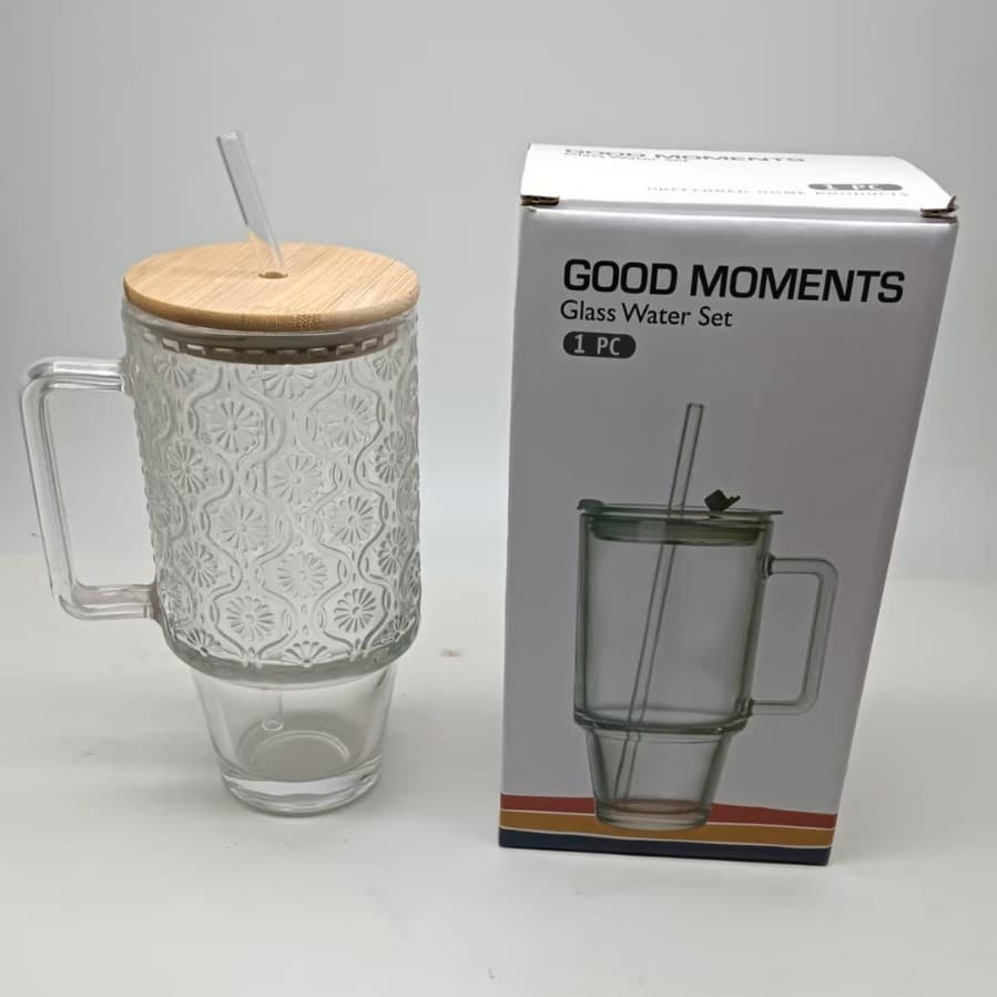 Large capacity wooden lid glass cup, glass handle cup, office drinking cup, high-value wooden lid cup