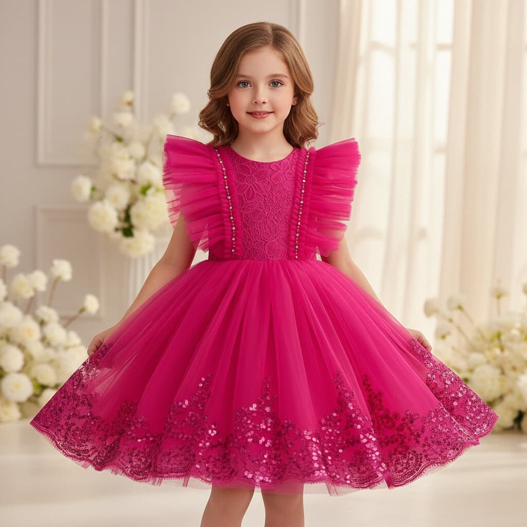 New Children's Dress Foreign Trade Princess Gown Wedding Flower Girl Tulle Dress Flutter Sleeve Dress Embroidered Sequins Kids Dress
