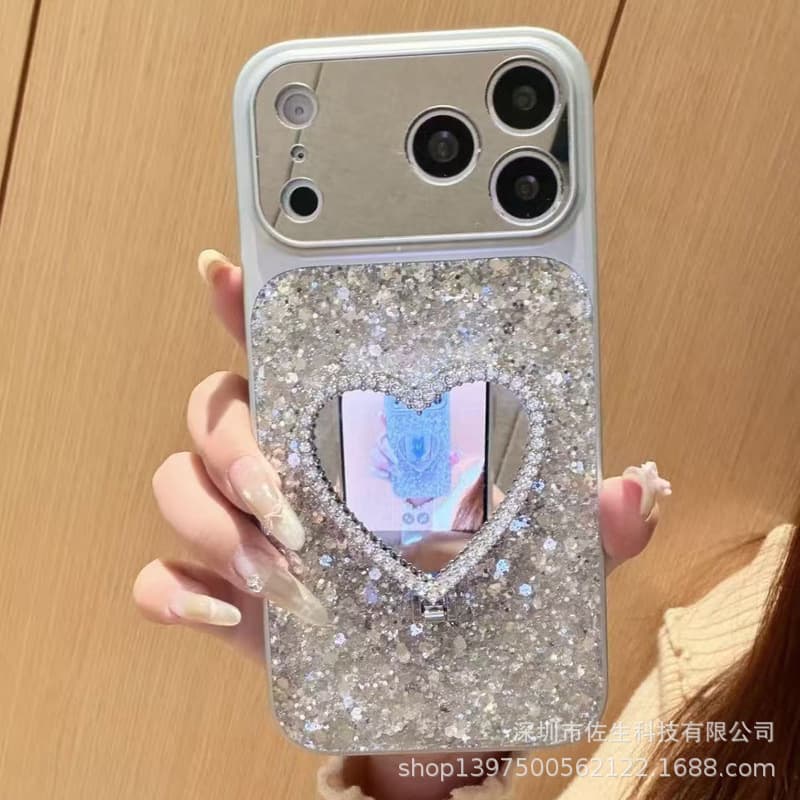 Crystal Rhinestone Glitter Mirror Phone Case Stand Compatible with Apple 17/16/15, iPhone 14 Pro Max Protective Cover for Women