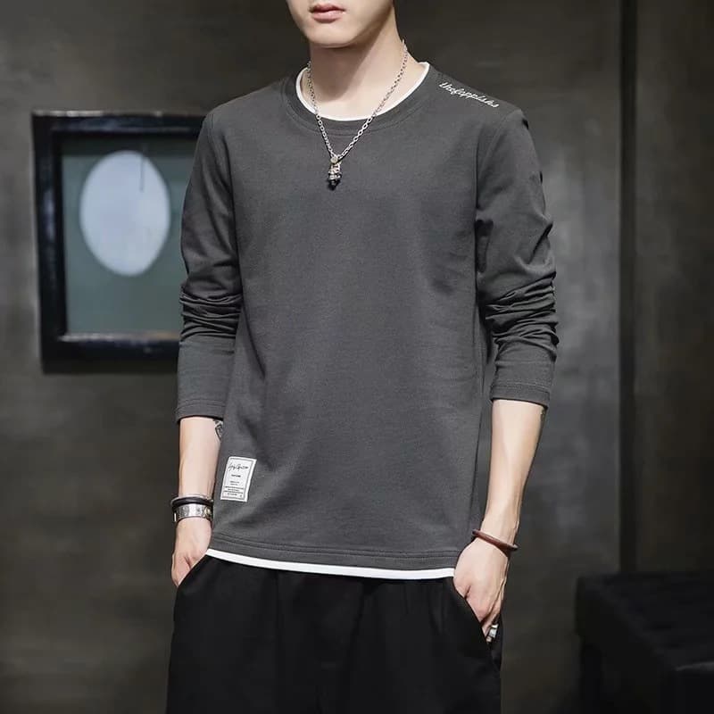 2024 Spring Autumn Long Sleeve T-shirt Men's Solid Color Round Neck Trendy Brand Trendy Top Inner Autumn Wear Base Layer Top