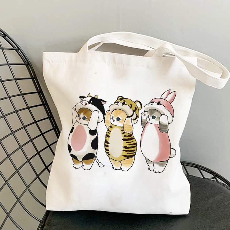 Kawaii Cat Japanese Style Cute Cat Print Canvas Bag, Versatile Women's Shoulder Bag, Student Tote, Shopping Bag