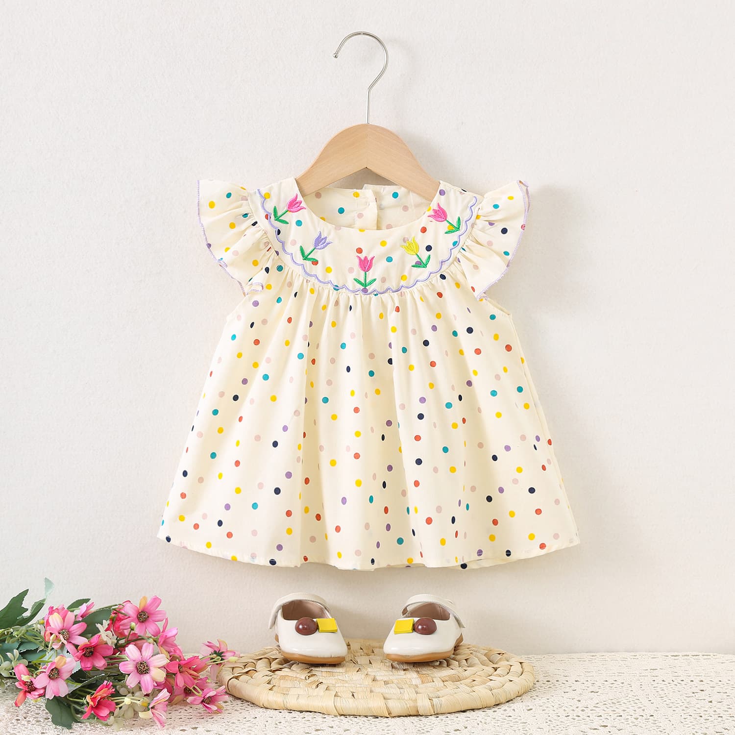 Children's Clothing Wholesale Princess Dress 1551 Summer New Arrival Girls' Polka Dot Collar Embroidered Dress