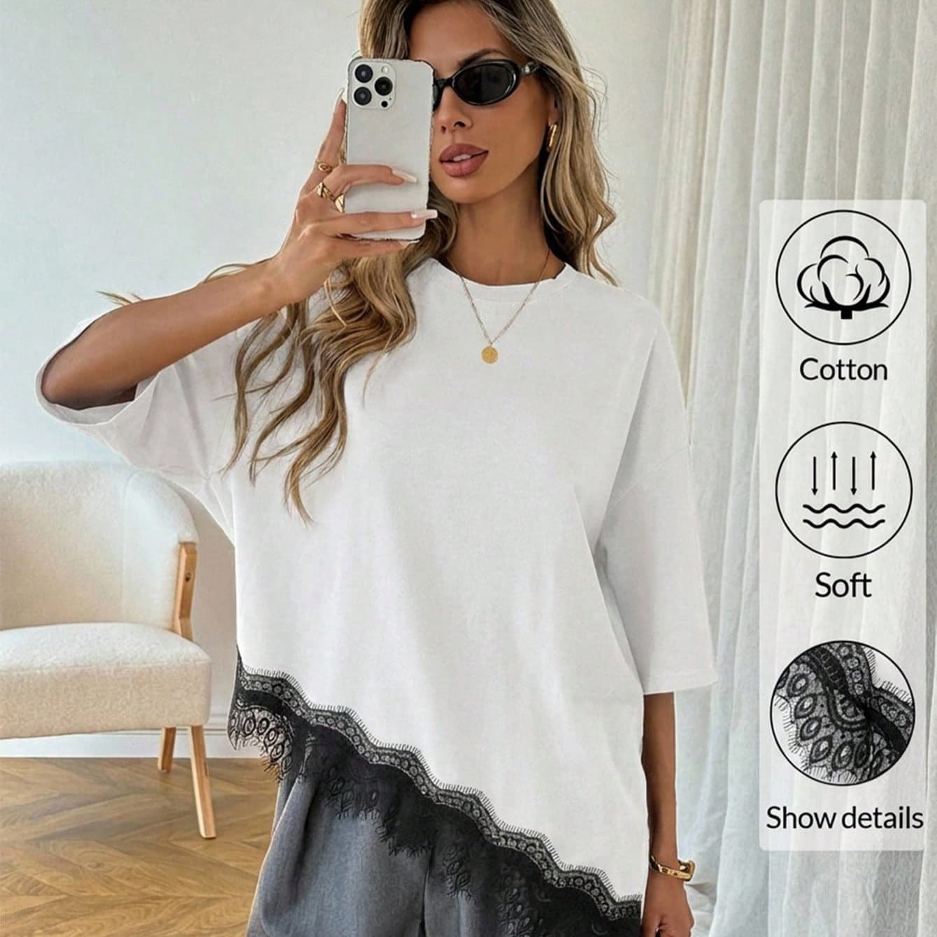 G26T424 - Cross-border Casual Style Round Neck Loose T-Shirt with Lace Hem Stitching, Comfortable and Versatile Short Sleeve Top