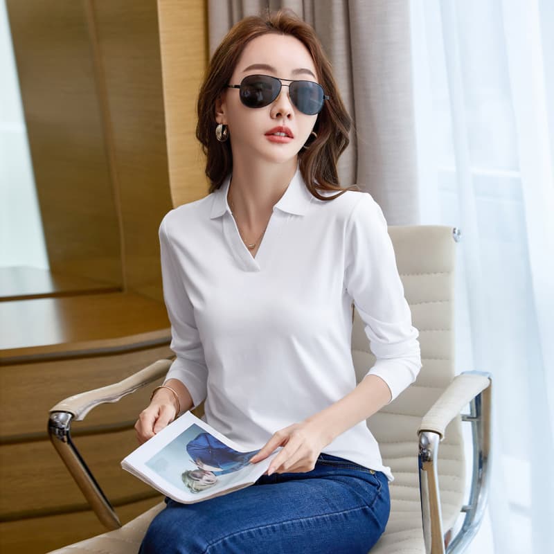 Yu Wei 2822# Real Shot 2023 New Long-Sleeve T-Shirt Slim Women's Top Spring/Autumn Solid Color Casual Lapel Base Layer