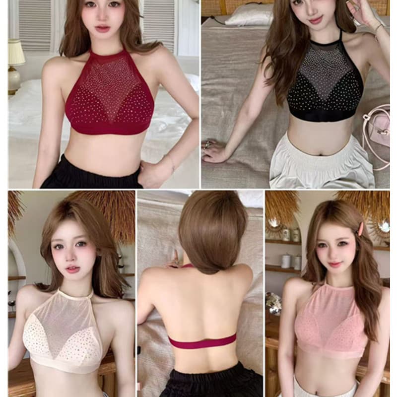 Flattering Back Rhinestone Halter Neck Tank Top Summer New Sexy Pure Desire Style Layering Slim Short Crop Top