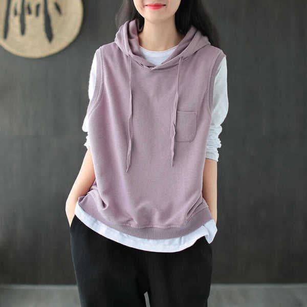 Cotton Hooded Vest Women Spring Autumn New T-Shirt Women's Loose Pullover Casual Versatile Sleeveless Sweater Top