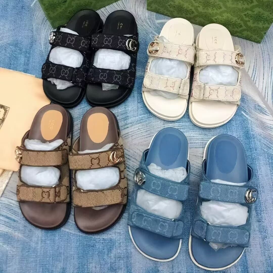 Lujia's new genuine leather embroidered printed thick-soled Velcro slippers for women 2026 spring flat-soled casual beach sandals