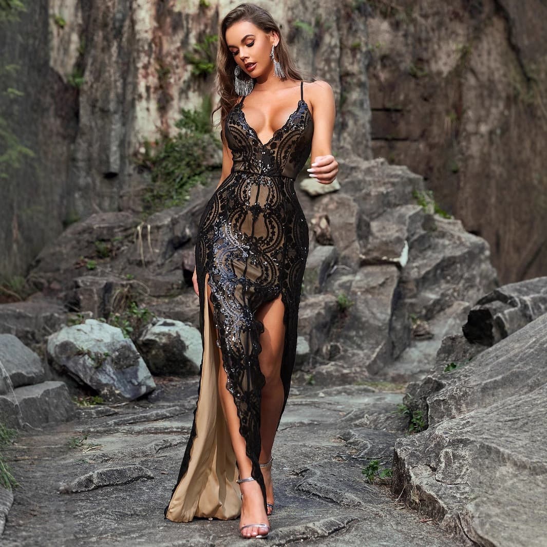 Popular European and American sexy deep V-neck double slit sequined large backless positioning flower dress suspender dress-A176