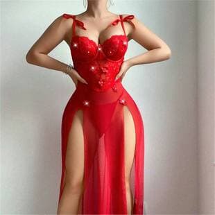 2025 New INS Cross-Border European American Foreign Trade Red Sexy Long Dress qipao Sexy Lingerie Women