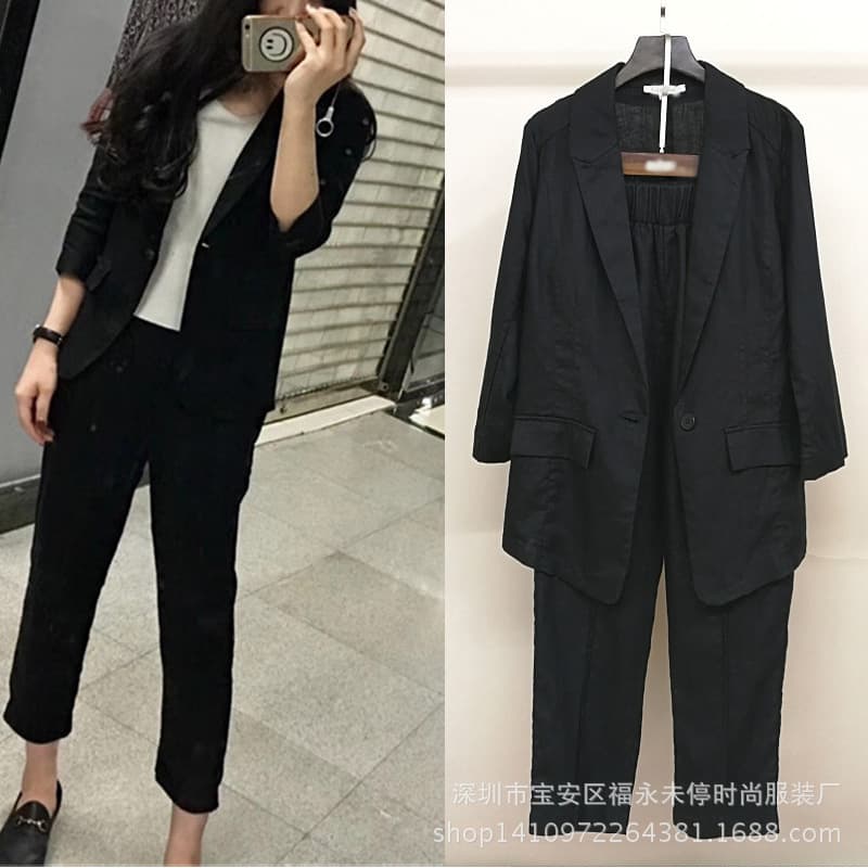 Plus Size Women's 2026 New Fashion Two-Piece Set Autumn Cotton Linen Lightweight Blazer and Pants for 200 lbs